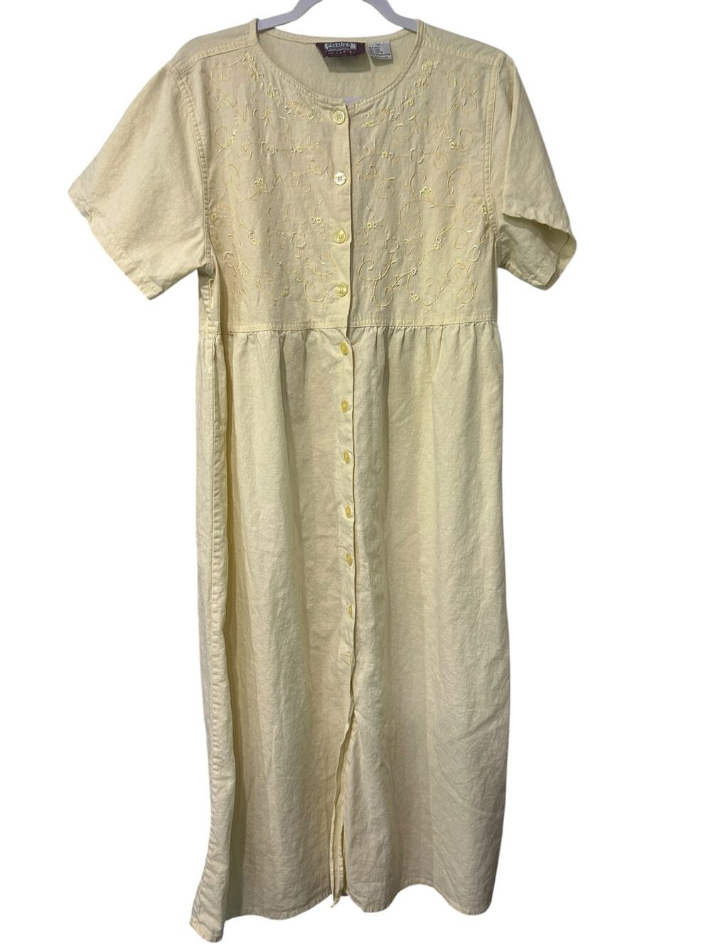 Vintage 90s Linen Cotton Maxi Dress Boho Embroidered Cottagecore Prairie XL
